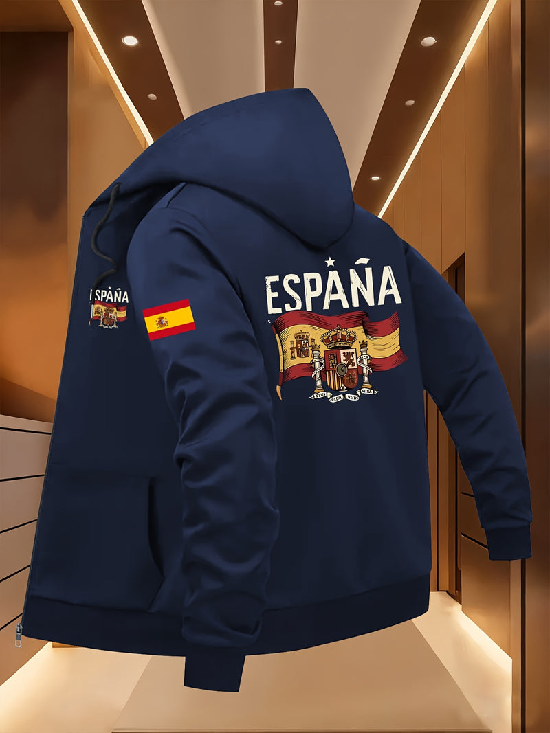Men's Spanish Flag & Spain Lettering Print Hooded Jacket.