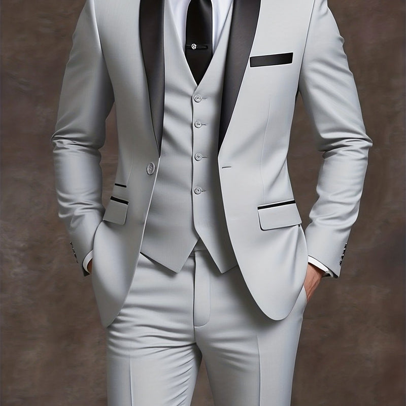 Men's 3pcs Suit with Notch Lapel, Business Formal Set, Includes Jacket.