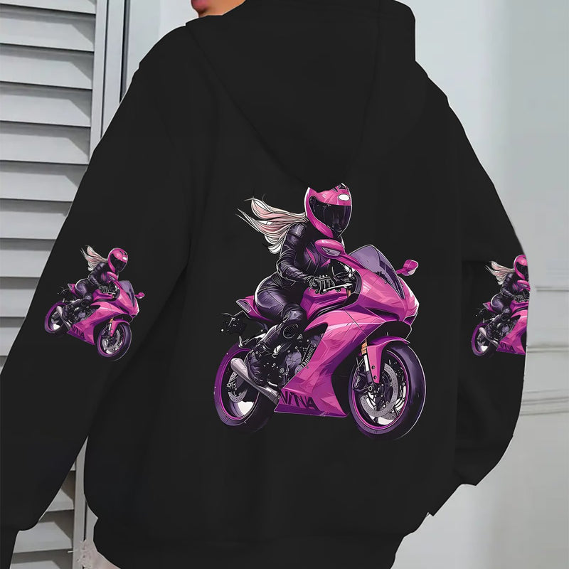 Ladies' Zipper Hoodie, Handsome Female Rider Cycling Pattern.