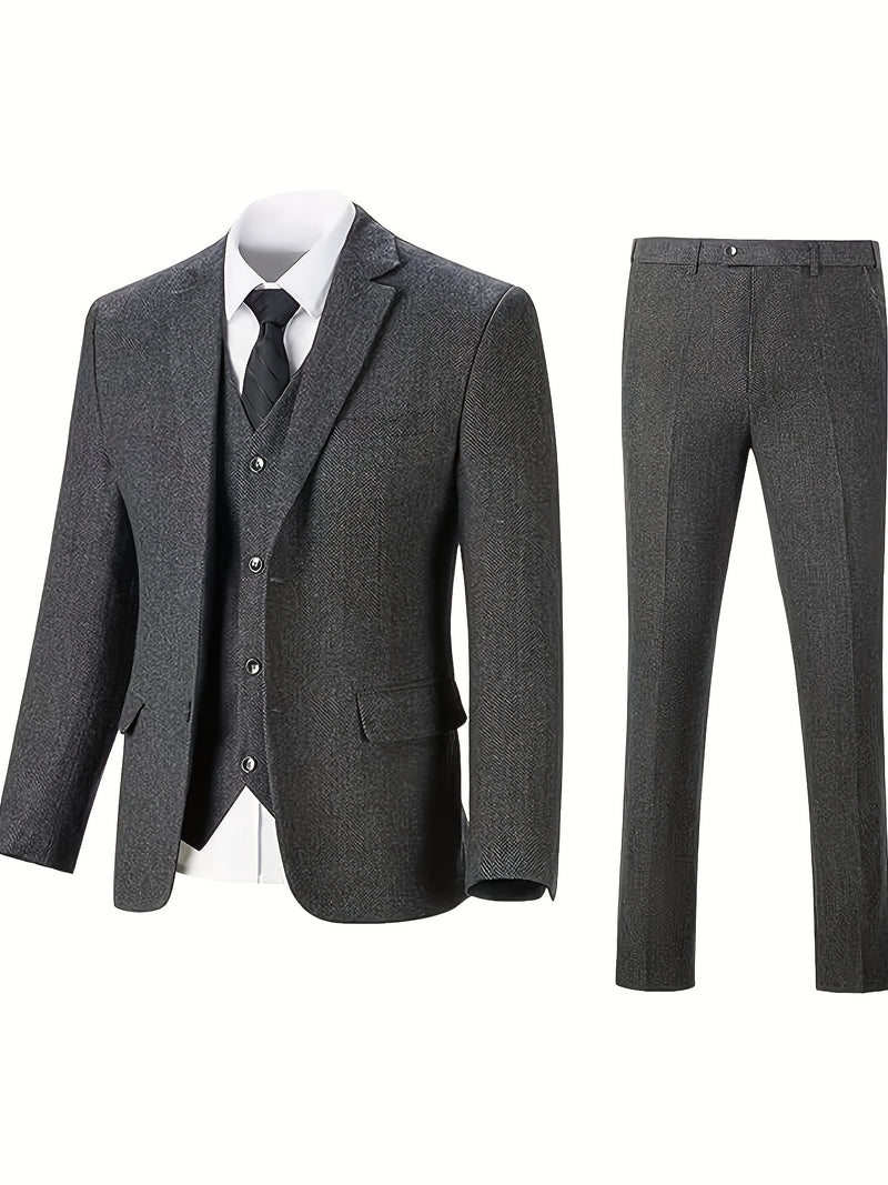 Men's 3pcs Suit Made of Blended Herringbone Fabric.