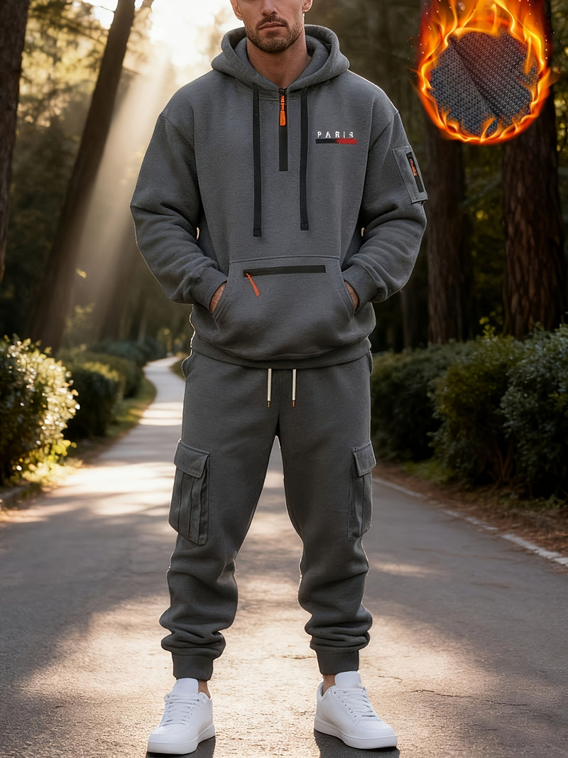 Men's Halloween Paris Letter Print Hoodie & Drawstring Cargo Jogger.