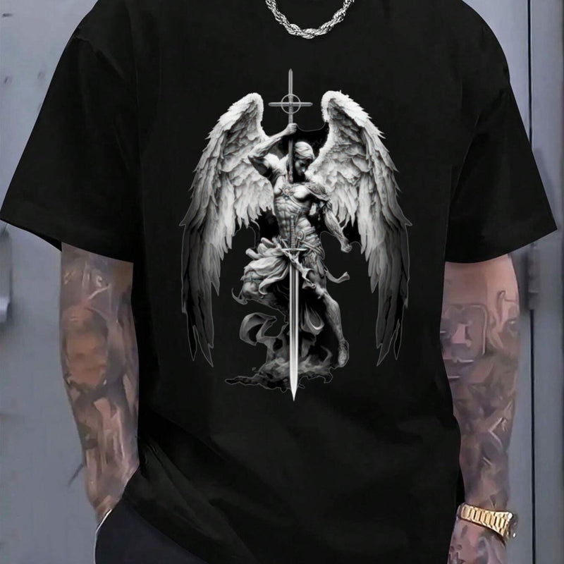 Men's Black Angel and Sword Graphic T-Shirt.