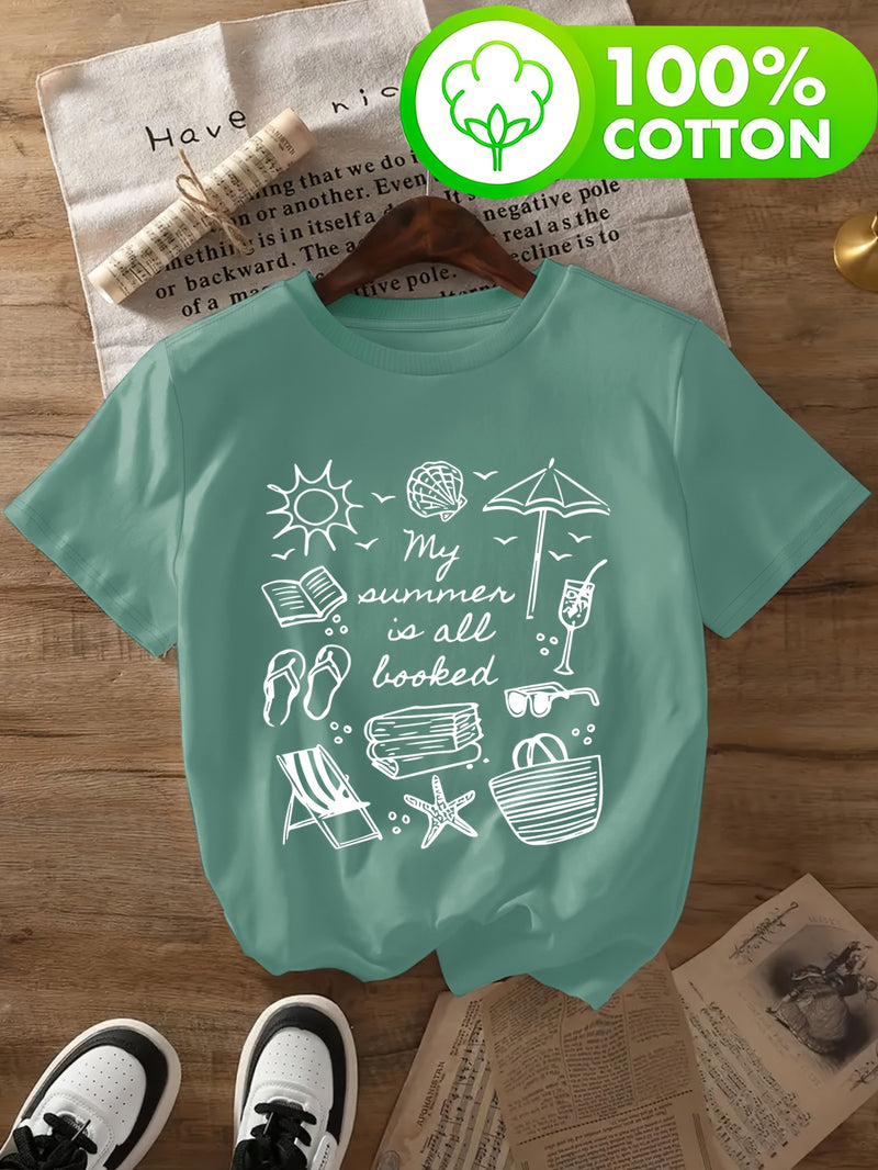 Women's Casual T-Shirt - Beach & Book Lovers Graphic Print.