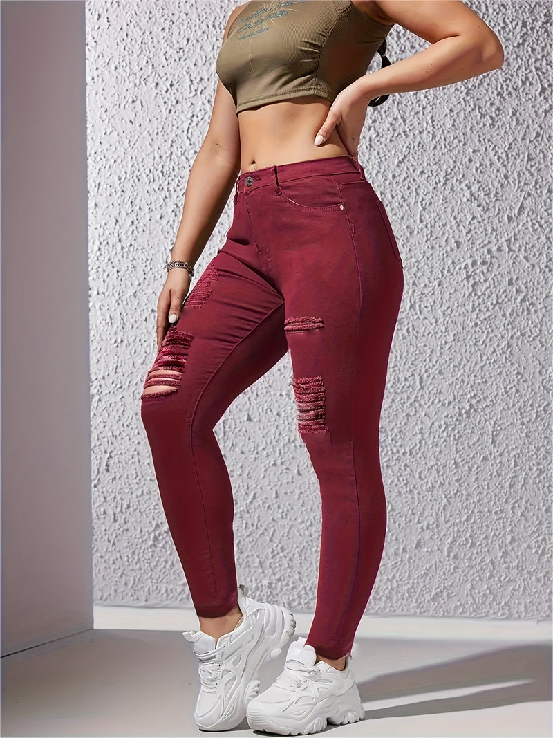 Women's Ripped Skinny Pants, Elastic Slim-fit.