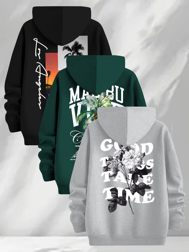 3pcs Trendy Print Sweatshirt, Men's Casual Hooded Sweatshirt.