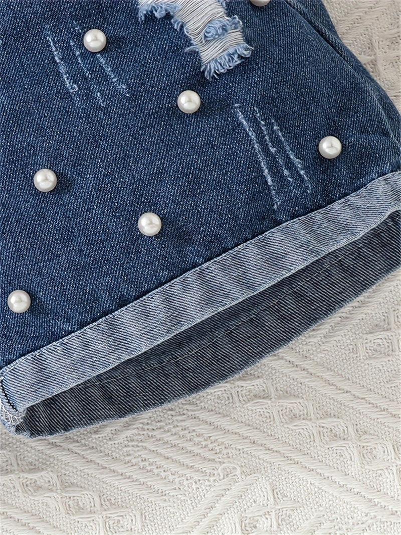 Girls' Lace-Trimmed Tank Top And Denim Shorts Two-Piece Set, for Outdoor.