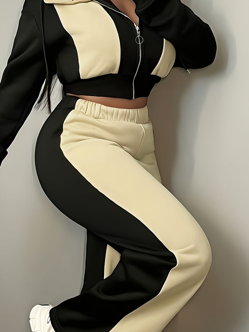 Women’s Fashion Color Block Hooded Sweatshirt and Pants Set.
