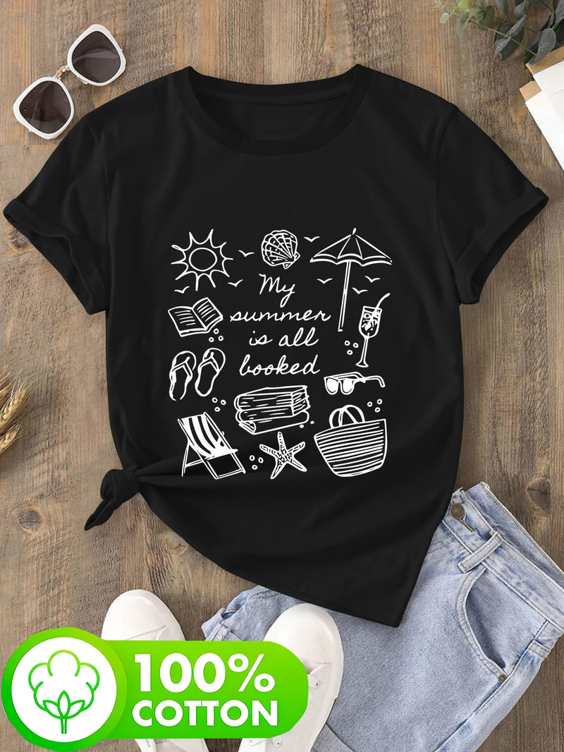 Women's Casual T-Shirt - Beach & Book Lovers Graphic Print.