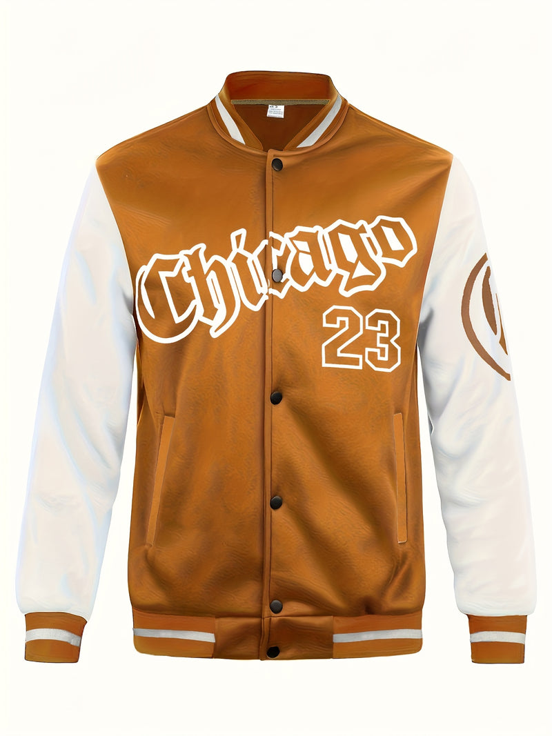 Men's Casual Letter Print Color Block Varsity Jacket, Baseball Jacket.