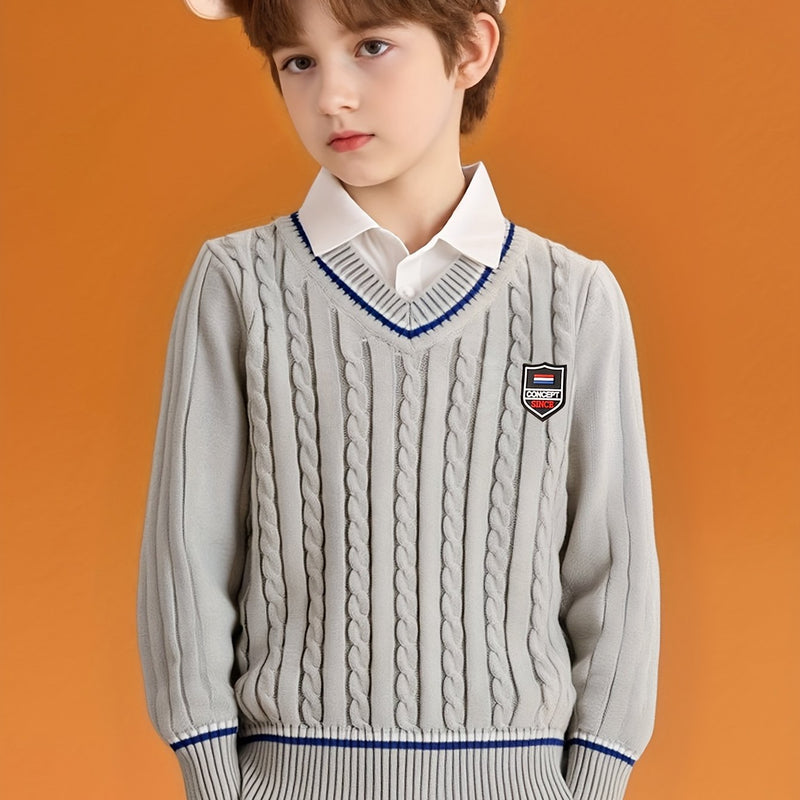 Boys' Red & Striped V-Neck Sweater.