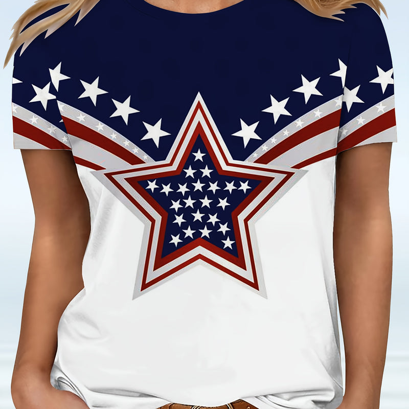 Casual Fashion Five-Pointed Star Digital Print Women's T-Shirt.