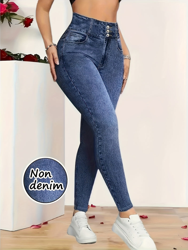 Women's Stretchy Faux Denim Printed Leggings with a Casual Matte Texture.