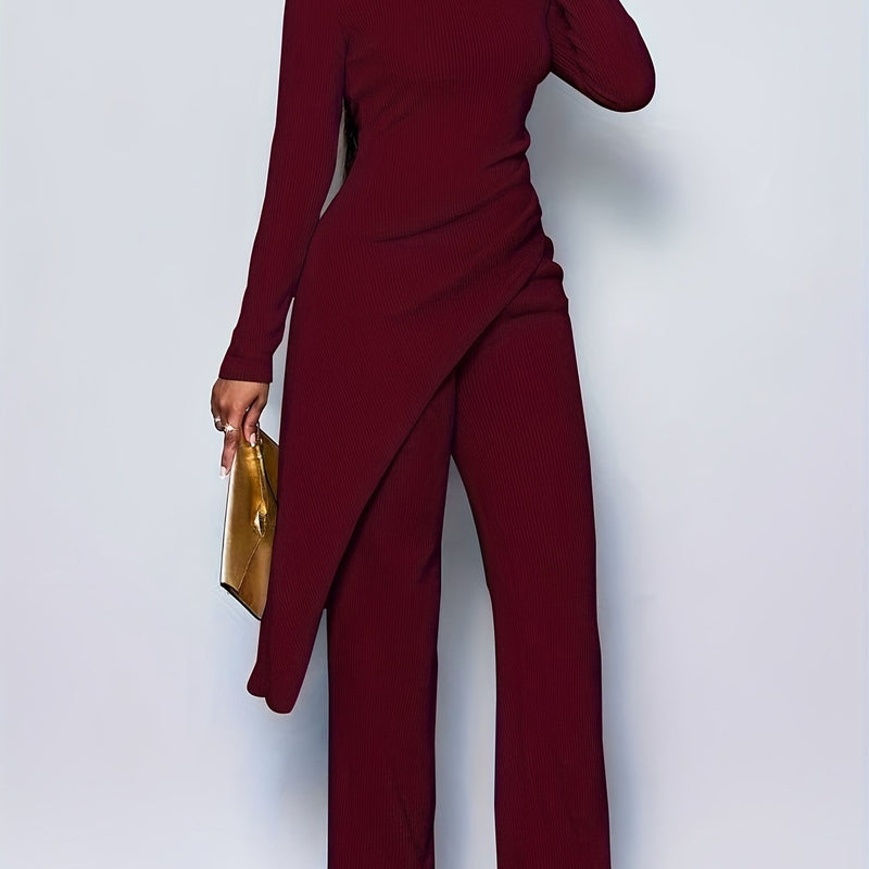 Women's Elegant Solid Color Fleece Ribbed Asymmetric Hem Top Paired with Flared Pants.