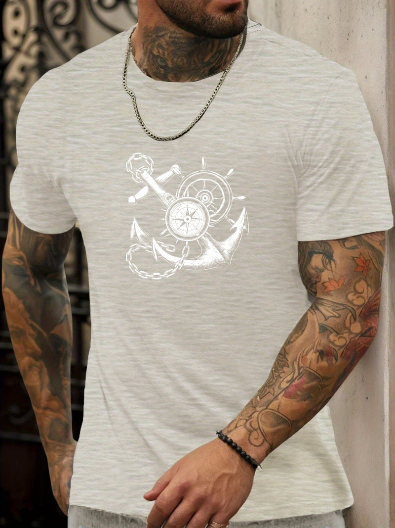 Men's Casual Summer T-Shirt with Anchor and Compass Graphic.