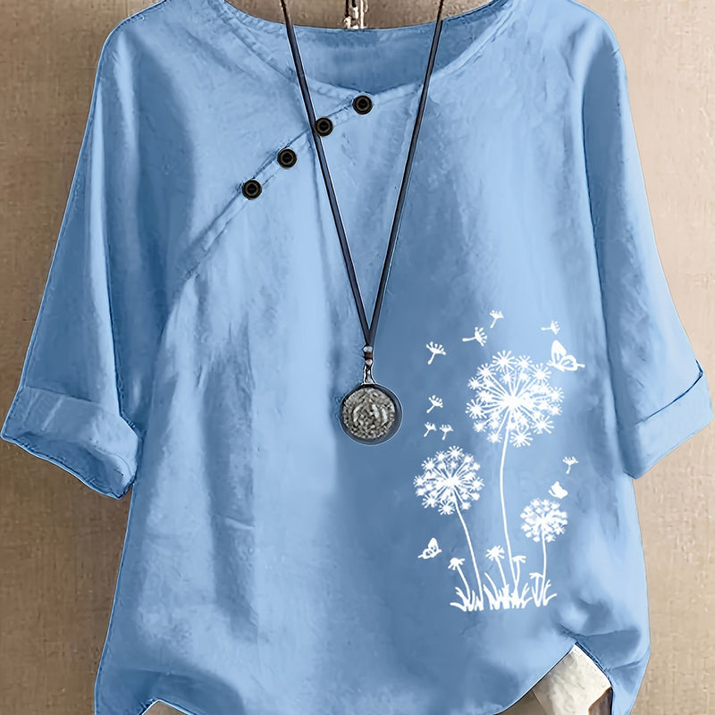 Casual Loose Blend Dandelion Print Short Sleeve Pullover T-Shirt for Women.
