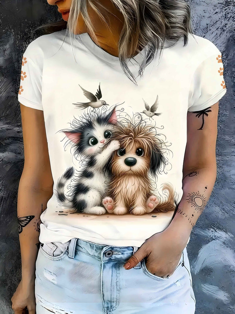 Women's Cute Pet Lover T-Shirt - Dog & Print Short Sleeve Crew Neck Top.