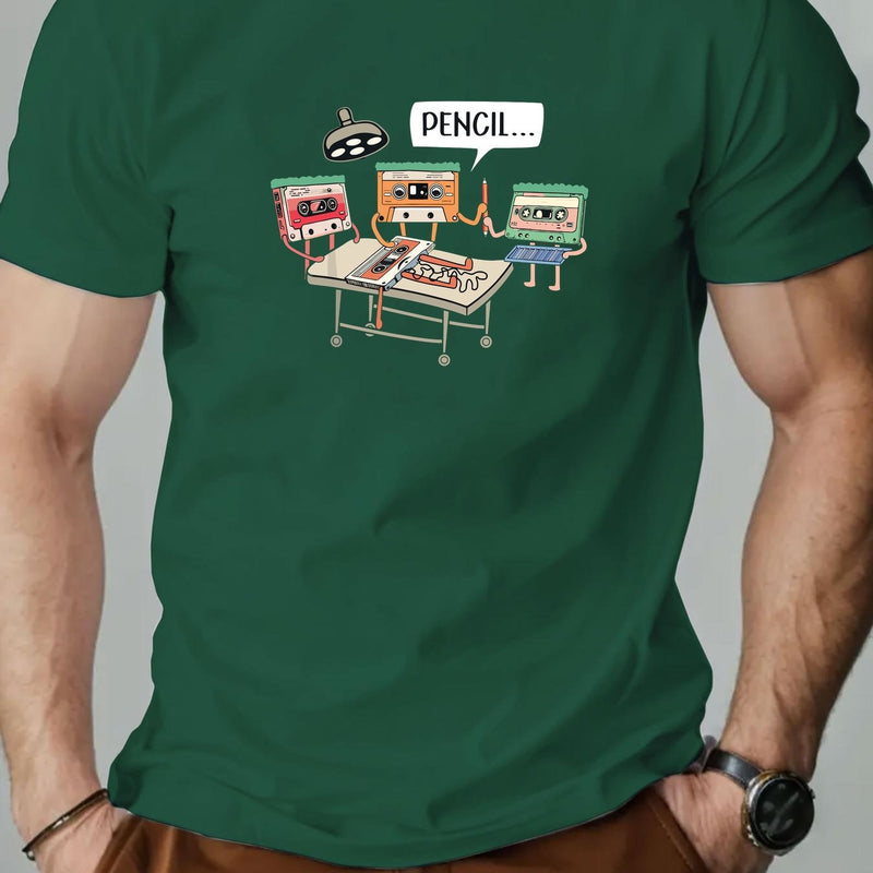 Men's Summer Casual Crew Neck Short Sleeve T-Shirt with Tape Pattern.
