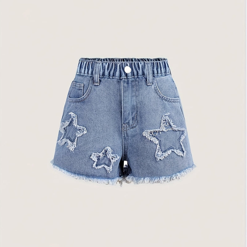 Girls' Faux Denim Shorts - Stylish Deep Blue Faux Denim with Star Patch Design.
