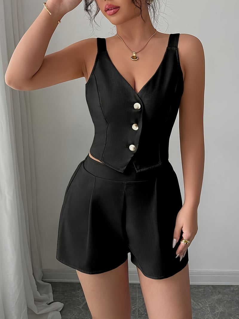 Women's Casual Commuter Simple Solid Color Front Button Vest + Shorts 2pcs.