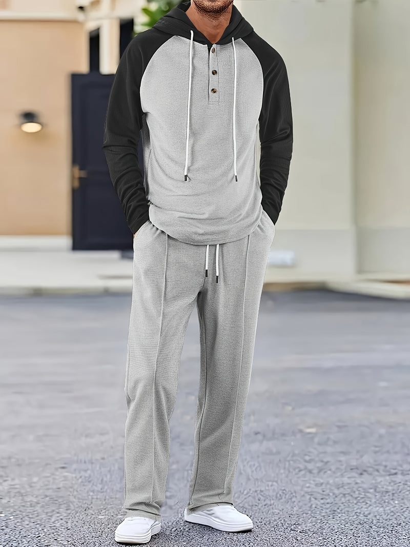 Men's Waffle 2pcs Hooded Sweatshirt Set Top Color Block.