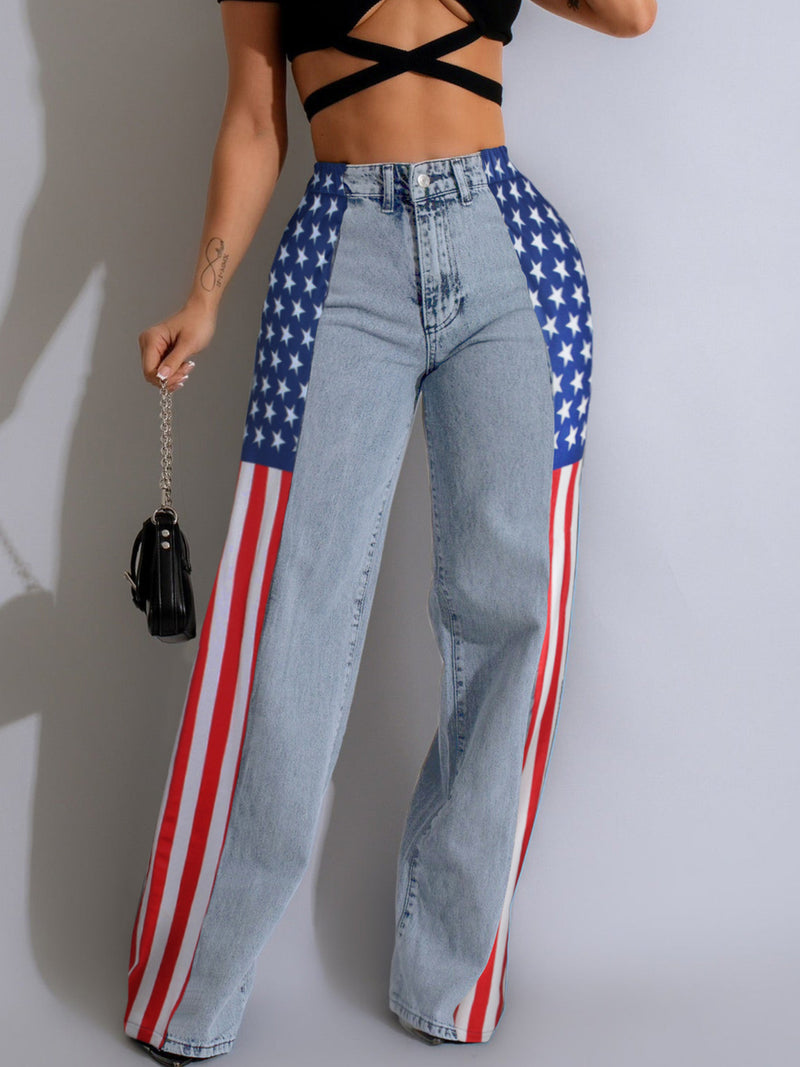 Women's High-Waisted Straight Wide Leg Jeans with American Flag Design.