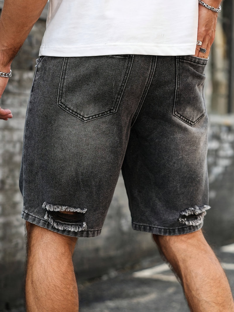 Men'S Casual Distressed Denim Shorts with "DESIGNER COOL" Print - Black & Gray.