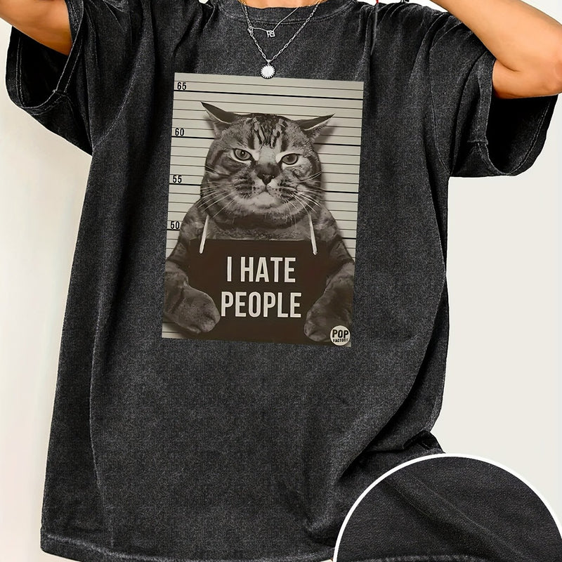 Cat Print Loose Round Neck Fashion Women's Wash Short Sleeve.