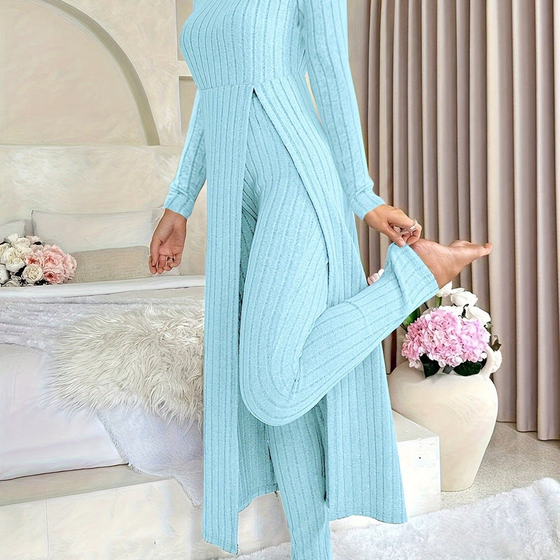 2pcs Women's Designer Round Neck Split Long Sleeve Top and Pants.