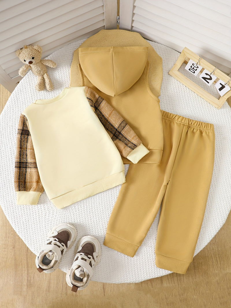 Baby Boy's 3pcs Set: Embroidered Bear Hooded Vest with Embroidered Bear Plaid Patchwork Top.