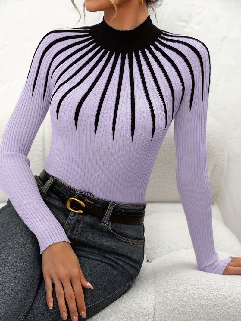Women's Color Block Ribbed Elegant Long Sleeve Pullover.