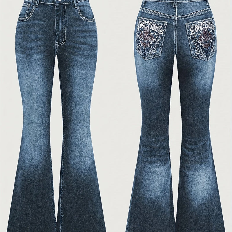 Women's Stretchy Embroidered Flared Trousers.