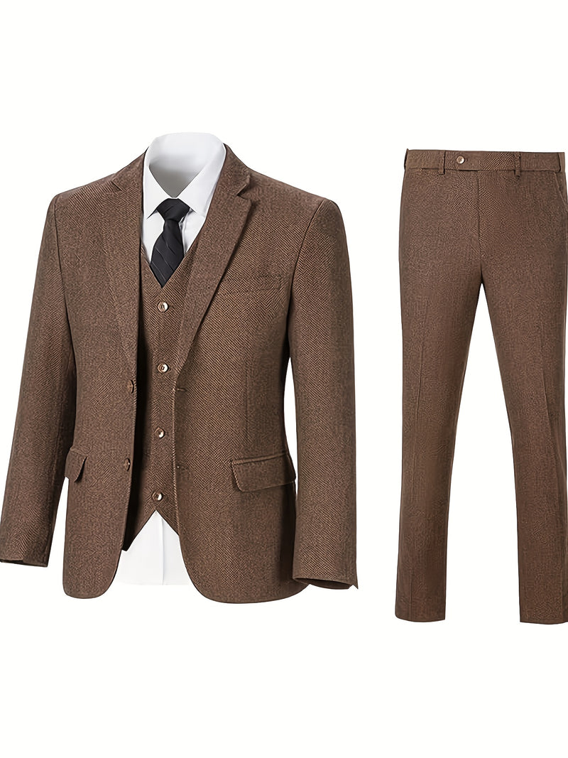 Men's 3pcs Suit Made of Blended Herringbone Fabric.