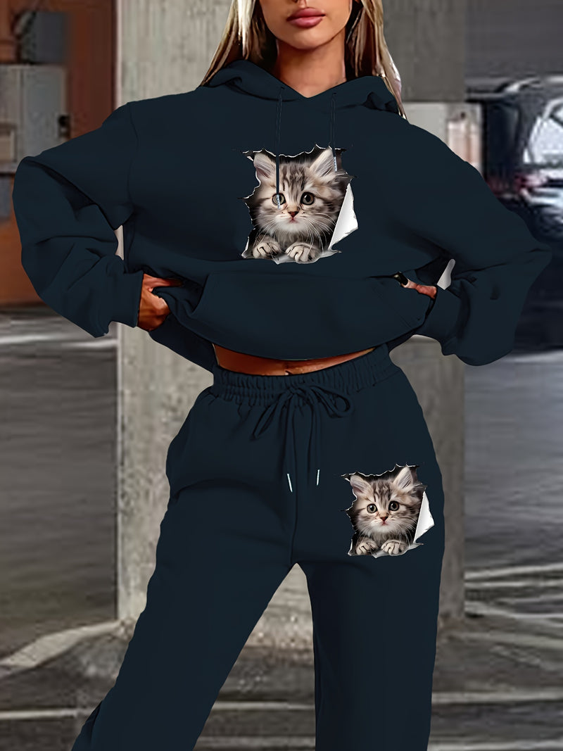 Women's Polyester Hooded Tracksuit with Cat Print.