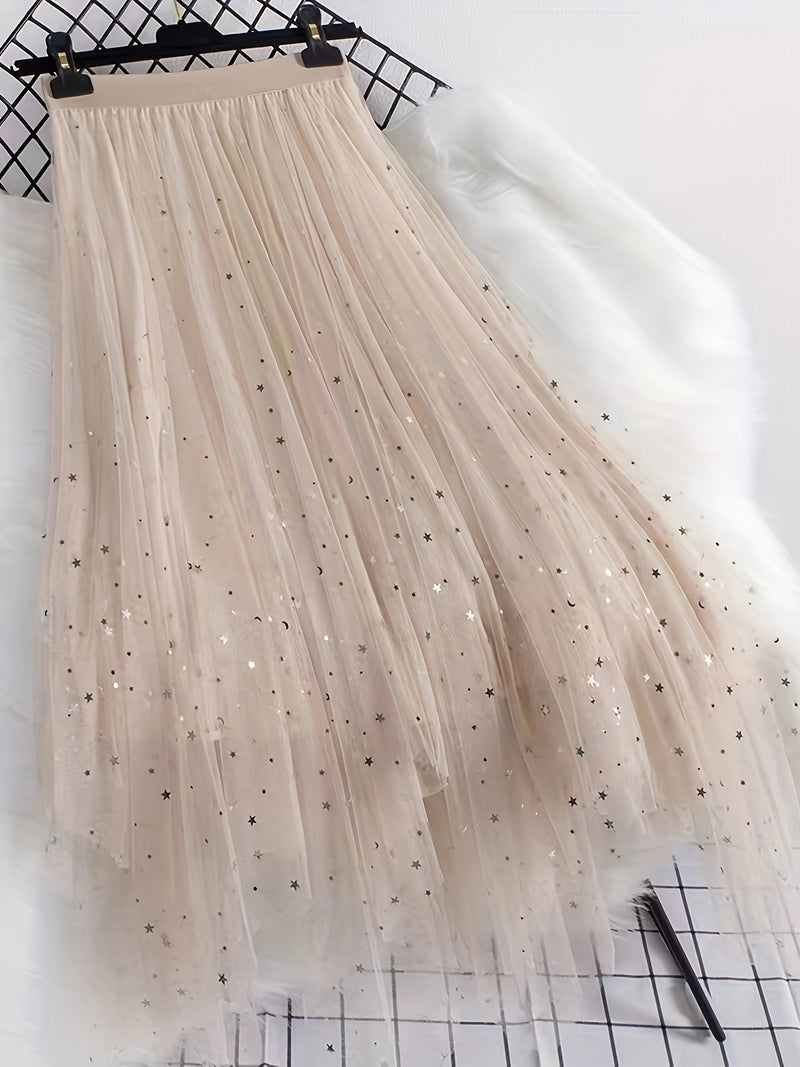 New Women's Sequin Mesh Midi Skirt, High-Waisted.