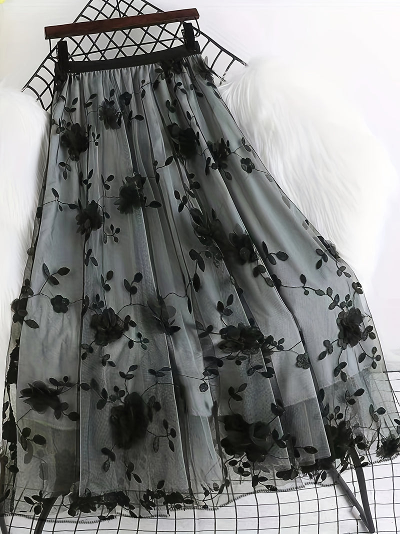 Women’s Double-layer Mesh Flared A-line Embroidered Floral Skirt.