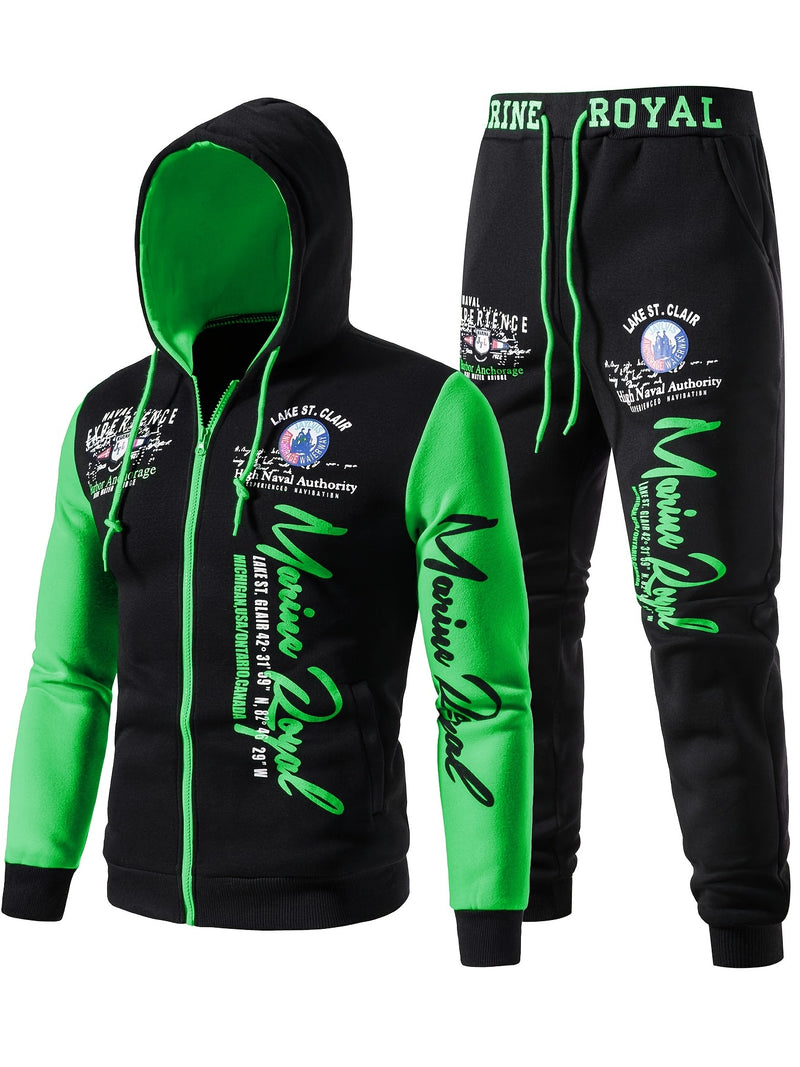 Men's Hiphop Outfit, Letter Print Long Sleeve Full-Zip Casual Jacket And Loose Jogger Pants.