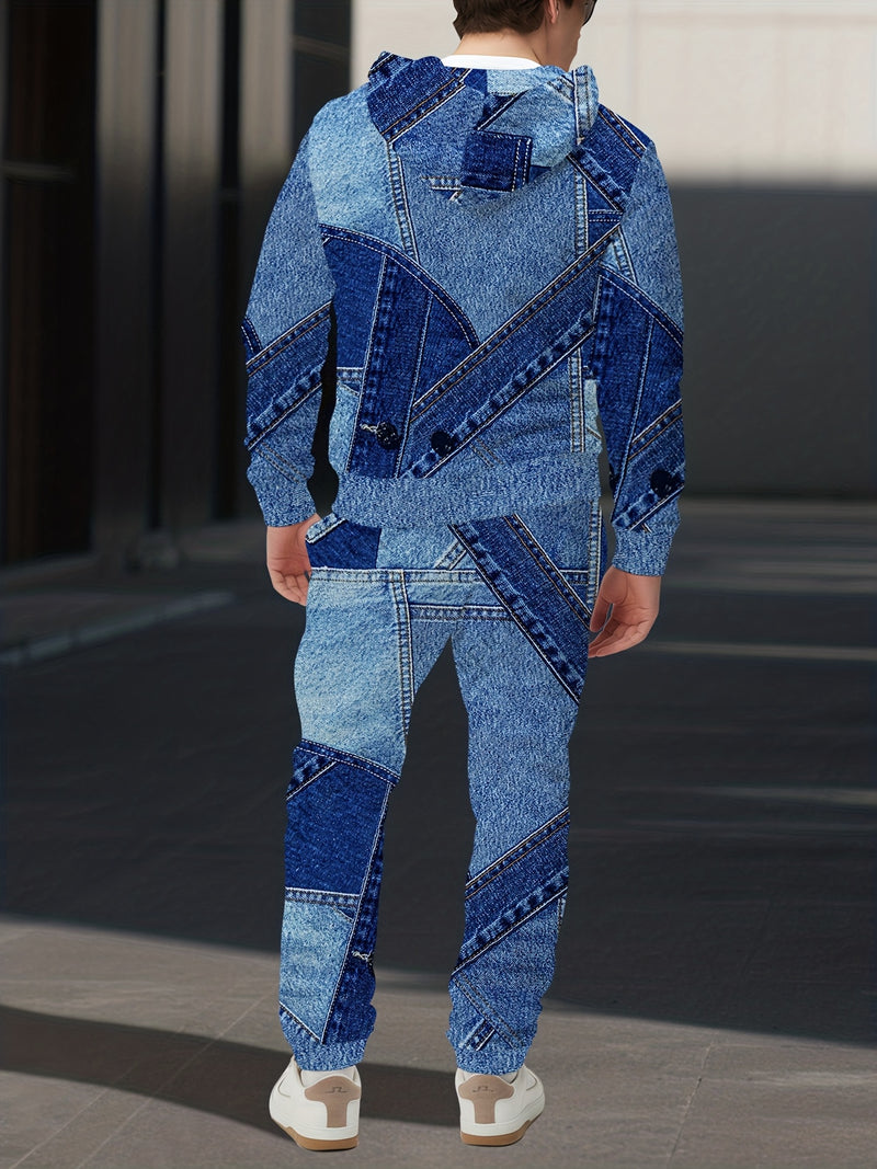 New Blue Denim Patchwork Style Pattern Digital Print Sportswear Set Hooded.