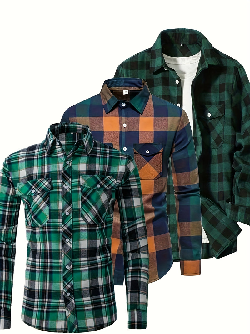 3pcs Men's Plaid Shirt Top with Turn- Collar Long Sleeve Button-Up.