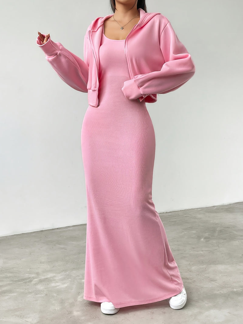 Women’s Elegant Solid Color Hoodie Jacket Paired with an Ultra-Long Dress.