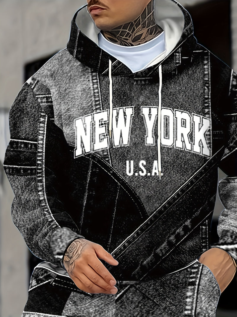 Men's Autumn Lettered Faux Denim Effect Hoodie And Sweatpants Two-Piece.