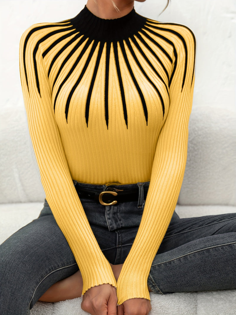 Women's Color Block Ribbed Elegant Long Sleeve Pullover.