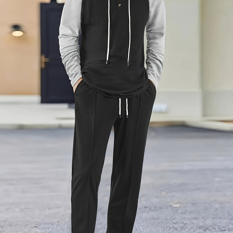 Men's Waffle 2pcs Hooded Sweatshirt Set Top Color Block.