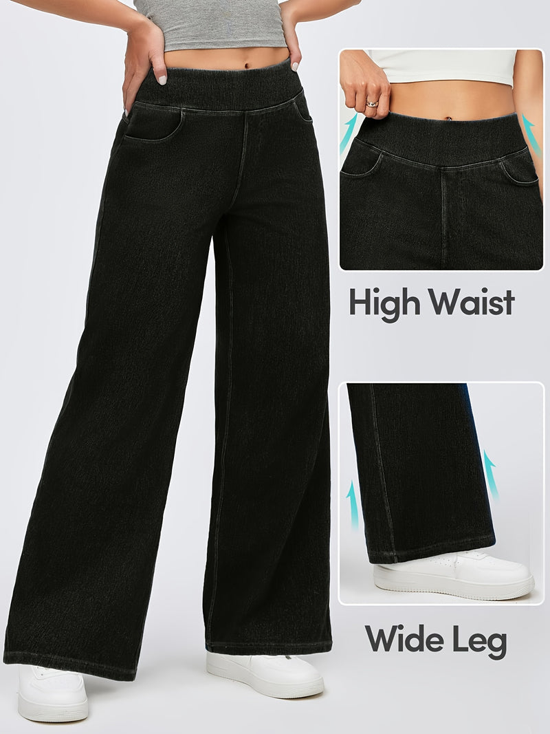 Black Trendy Elastic Waist Straight-Leg Flared Jeans for Women.