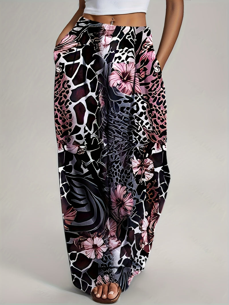 Women's Bohemian Floral & Animal Print High-Waisted Wide-Leg Pants.