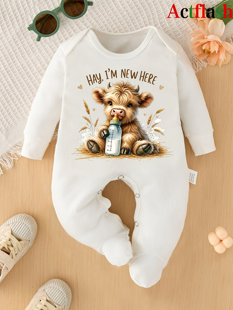 Hay I'M New Here Cartoon Pattern Print New Baby Footed Romper Four Seasons.