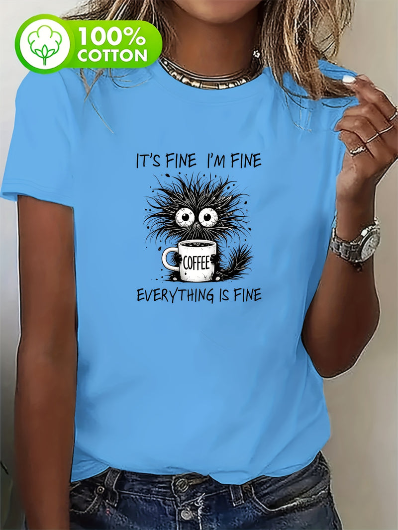 Women's Cat Print Round Neck Short Sleeve T-Shirt.