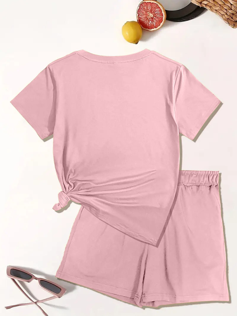 Women’s Graphic Print Two Piece Set, Short Sleeve T-shirt & Shorts.
