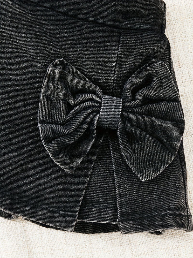 Summer Denim Set, Pink Printed T-Shirt + Black Bow Shorts Two-Piece Outfit.