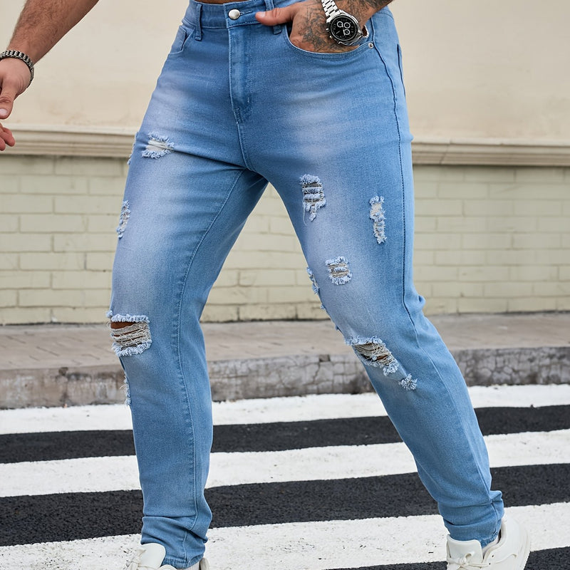Men's Skinny Ripped Jeans Medium Stretch, Solid Color, All-Season Fit.