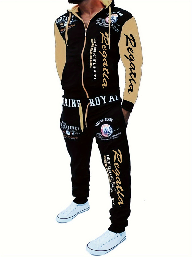 Men's Hooded Sweatshirt with Letter Print, Two-Piece Sports Running Outfit.